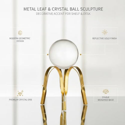 for Shelf, Desk, or Console Table Display: Modern Geometric Metal Leaf and Crystal Ball Sculpture Accent (1 PC) - size: 5.51 x 5.51 x 7.87 in