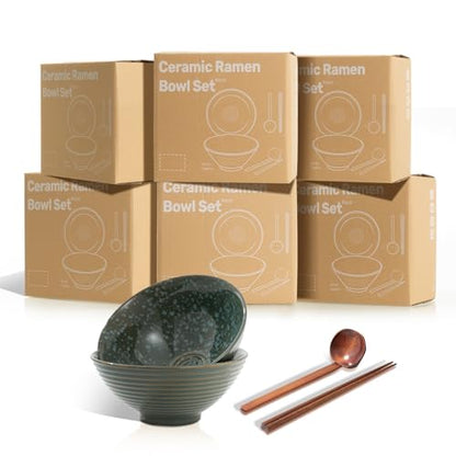 8 Inch Ceramic Ramen Bowl Set of 2, 40oz Japanese Bowls with Spoons & Chopsticks,Durable,Microwave & Dishwasher Safe,Perfect for Ramen,Pho,Salad,Soup,Noodles，Mixing bowls（Jade Green） - color: Jade Green