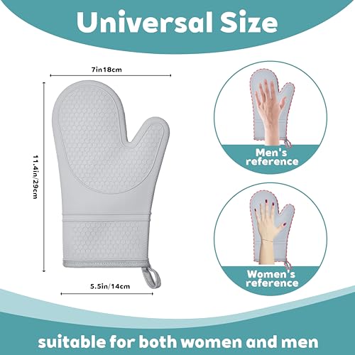 Silicone Oven Mitts Heat Resistant to 500°F – Non-Slip Waterproof Kitchen Gloves with Quilted Cotton Lining, 1 Pair (Grey)
