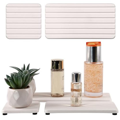 Set of 4 Bathroom Vanity Tray, Quick-Dry Diatomite Kitchen Tray with Non-Slip Pads | Water Absorbing Stone Used for Soap, Sponges, Cosmetics | Eco-Friendly Bath Sink Organizer - color: White