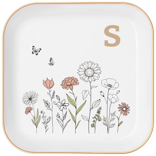 Gifts for Women – Initial Ring Dish with Floral Initial Design, Gift Boxed – Perfect Birthday Gifts for Mom, Girls, Best Friend, Bride, or Girlfriend – Mothers Day Gifts and Graduation Gift - color: Golden-s