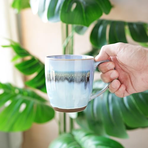 Bosmarlin Ceramic Coffee Mug Set of 4, 17 Oz, Stoneware Coffee Cups with Big Handle, Microwave Safe, Unique Reactive Glaze (17 Oz, Light Blue) - color: Light Blue