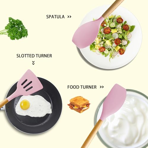 MIBOTE Silicone Cooking Kitchen Utensils Set, Wooden Handle, Pinky | BPA-Free, Non-Toxic Silicone Turner, Tongs, Spatula, Spoon Set – Great for Nonstick Cookware, Heat-Resistant, Easy Clean - color: Pinky