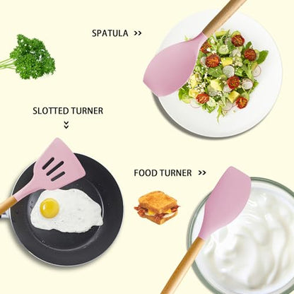 MIBOTE Silicone Cooking Kitchen Utensils Set, Wooden Handle, Pinky | BPA-Free, Non-Toxic Silicone Turner, Tongs, Spatula, Spoon Set – Great for Nonstick Cookware, Heat-Resistant, Easy Clean - color: Pinky