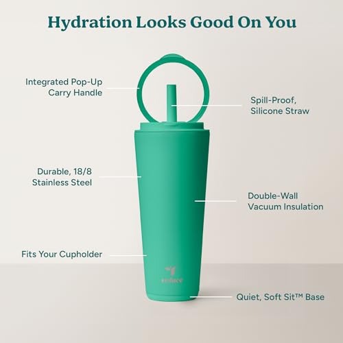 REDUCE Halo 32 oz Stainless Steel Vacuum Insulated Tumbler - Spill Proof Travel Mug with Flip Handle Lid - Keeps Drinks Cold for 32 Hrs - Dishwasher Safe - Cupholder Friendly - Palm Leaf - color: Palm Leaf, size: 32 Ounces