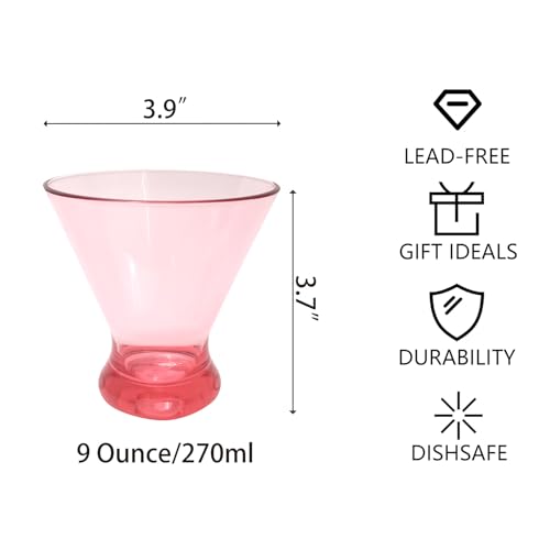 Set of 6 Stemless Martini Acrylic Glasses 9 oz, Heavy Base Stable Cocktail/Juice/Red Wine Glasses,Plastic Drinking Tumbler, Fits Ice Cream/Milkshakes,Ideal for Home Party(Pink) - color: Pink