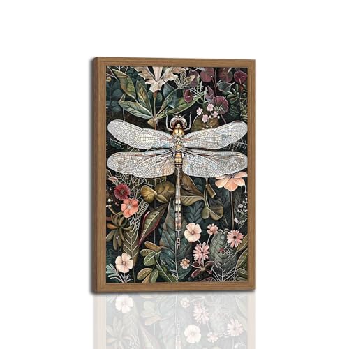 Framed Vintage Wall Art Dark Green Dragonfly Flowers Nature Insect Canvas Painting Picture Print for Living Room Bedroom Home Wall Decor Ready to Hang Wooden frame12x16in - color: Dragonfly Botanical 1pcs, size: 12x16 Inches