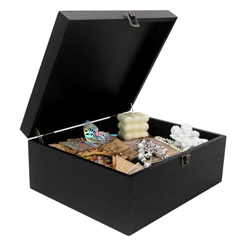 Large Wooden Keepsake Storage Box with Lid for Wedding Treasure Decorative | 10.4x12.4x5.3 Inches can Hold 8.5x11 Certificates Photos Baby Keepsakes, Black Stash Case with Black Velvet Base - color: Black, size: 10.4x12.4x5.3