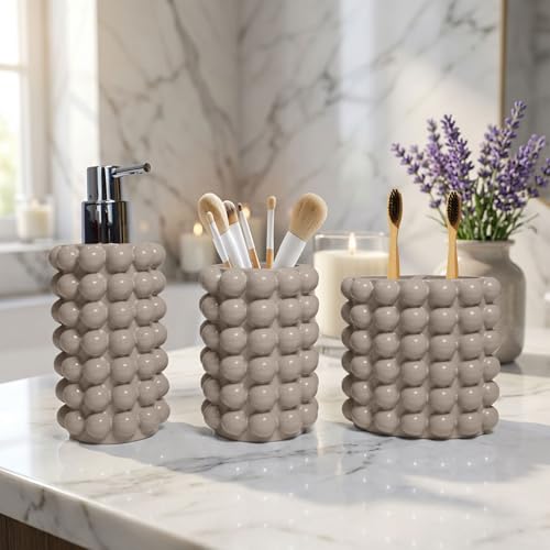 Better Trends Bathroom Accessories Set 3 Pieces Resin Bubble Textured Soap Dispenser, Toothbrush Holder & Tumbler for Vanity, Kitchen Sink & Countertop Organization Beige Nova Collection - color: Beige