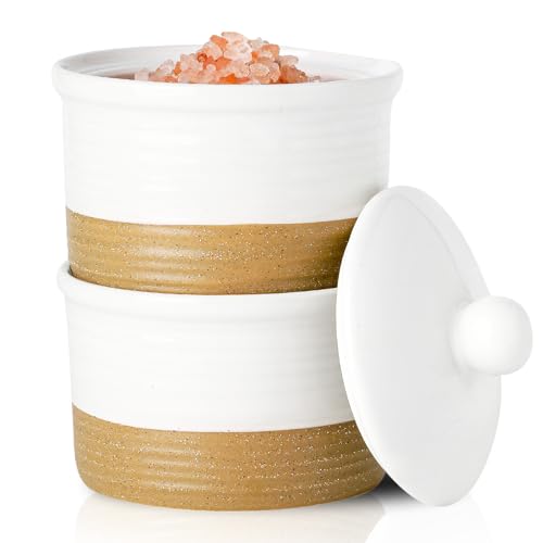 Hasense Salt Cellar, Ceramic Salt and Pepper Bowls, 9 oz Stackable Salt Pepper Container with Lid, Farmhouse White Spice Bowls for Sugar, Salt, Paprika and More, Kitchen Decor, Set of 2 - color: White