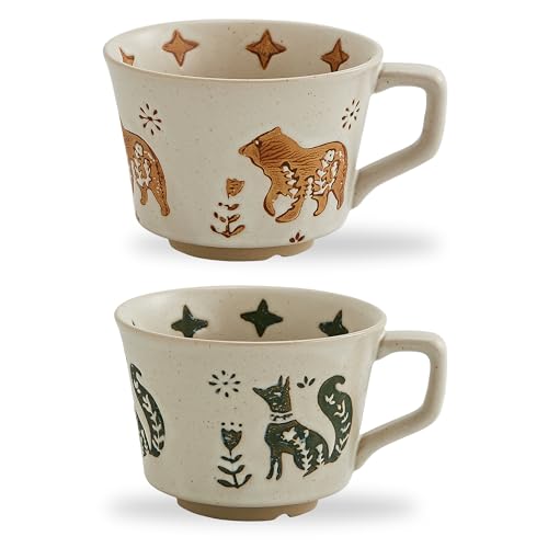 12oz Vintage Ceramic Coffee Mug Set of 4 - Handmade Stoneware Pottery Countryside Farmhouse Fall Autumn Tea Mugs with Big Handle for Latte,Cocoa,Dishwasher & Microwave Safe Cups (Animals) - color: Animals,Set of 2