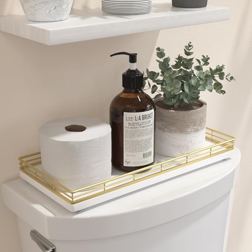 Bathroom Toilet Tank Tray, 13" Wood Toilet Paper Storage Basket Tray Back of Toilet Basket Organizer,Vanity Tray for Perfume Makeup Candle Decor, Gold & White - color: Gold & White, size: 13" x 6.5" x 1.5"