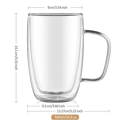 Joeyan Large Clear Double Walled Glass Coffee Mugs 16 oz, Double Layer Tea Latte Cappuccino Glasses Cups with Handle, Double Lined Insulated High Borosilicate Glassware for Hot Drinks, Set of 2 - color: 500ml-Clear