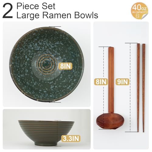 8 Inch Ceramic Ramen Bowl Set of 2, 40oz Japanese Bowls with Spoons & Chopsticks,Durable,Microwave & Dishwasher Safe,Perfect for Ramen,Pho,Salad,Soup,Noodles，Mixing bowls（Jade Green） - color: Jade Green