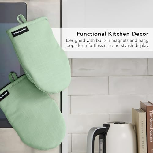 KITCHENAID Gourmet Series Gridlines Mini Oven Mitts 2-Pack Set, Heat Resistant up to 600°F, Soft Silicone Grip, Magnetic Cuff, Pistachio Green, 5.5"x9" - color: Pistachio Green