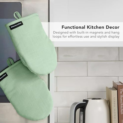 KITCHENAID Gourmet Series Gridlines Mini Oven Mitts 2-Pack Set, Heat Resistant up to 600°F, Soft Silicone Grip, Magnetic Cuff, Pistachio Green, 5.5"x9" - color: Pistachio Green
