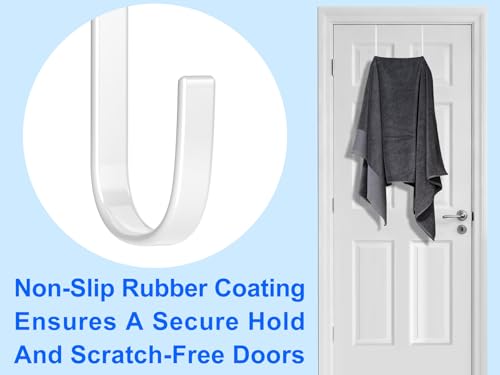 Single Over Door Steel Hooks 4 Pack Fit 1-3/4" Door 7.5" White | Plastic Coated Rubber Feel Towel Rack Robe Coat Shoe Wreath Hanger No Damage No Scratch for Bathroom Heavy Duty Thin Top