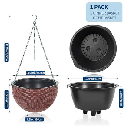 13.8 Inch Self Watering Hanging Planter, 2PCS Round Resin Hanging Basket for Indoor Outdoor Plants, Rattan Look Flower Pot with Drainage Plug, Deep Inner Pot and Sturdy Metal Triple-Chain Hanger - color: Coffee Brown