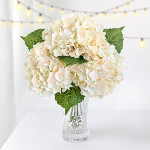 ZYTUYO 3PCS Hydrangeas Artificial Flower Real Touch 21" Cream Champagne | Realistic Latex Petals, Faux Hydrangea for Home Decor, Outdoor Wedding Party Arrangement, Table Centerpieces - color: Cream Champagne, size: 3 PCS