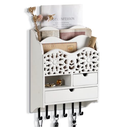3-Slot Mail Sorter Organizer Wall Mount with 6 Hooks | Key Holder for Wall Decorative with 2 Drawer, Key Rack Hanger for Home Coat/Letter/Magazines/Dog Leash/Entryway/Room Decor