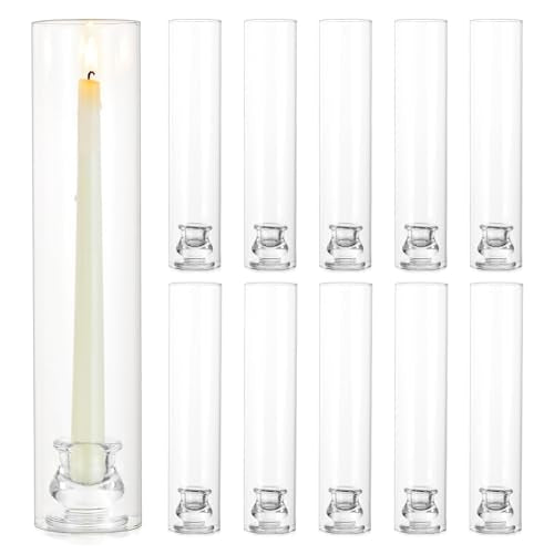 Hurricane Glass Candle Holders: 12" Tall Cylinder Cover Set of 10 | for 0.87" Taper, Windproof Chimney Cover, Clear Candlestick Holder for Wedding Table Centerpiece, Party, Birthday, Christmas - size: 12" H - 10 Pcs