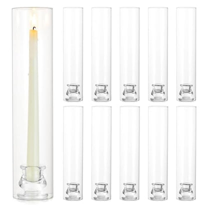 Hurricane Glass Candle Holders: 12" Tall Cylinder Cover Set of 10 | for 0.87" Taper, Windproof Chimney Cover, Clear Candlestick Holder for Wedding Table Centerpiece, Party, Birthday, Christmas - size: 12" H - 10 Pcs