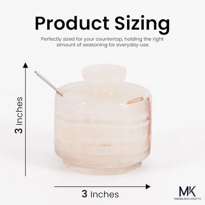 3" Marble Salt Cellar with Lid & Spoon White Onyx Flaky Salt Box, Sugar Jar, and Spice Storage Container for Kitchen Countertop, Ideal Gift for New Home - color: White Onyx