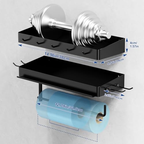 Taozun Garage Paper Towel Holder, 2 Pack Garage Organization, 12" Paper Towel Holder, Shop Shelf Wall Mount with 8 Hooks for Tool Room(Black) - style: TH003