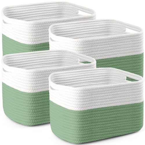 4 Pack Storage Baskets for Organizing, 11''Lx9''Wx8''H Woven Baskets for Storage Toys, Towels, Books, and Clothes, Cotton Rope Basket for Shelves with Handle - color: White & Green, size: Large