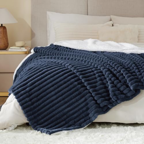 INFIIXSO Sherpa Fleece King Size Blanket - Super Soft & Warm Striped Fleece, Cozy Plush Fluffy Large Bed Blanket All Season Use (Navy Blue, 104x90 Inches) | Super Soft Thick Warm Striped Sherpa Blanket for Bed Sofa, Cozy Plush Fluffy Throw Gift for Women,