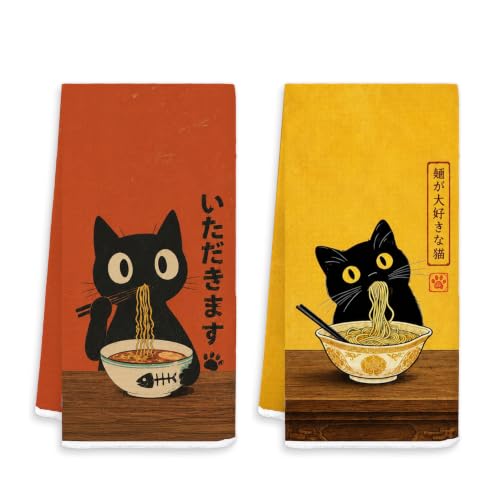 Japanese Ramen Black Cat Kitchen Dish Hand Towels 16x24 in Set of 2 | Black Cat Lover Gifts, Japanese Aesthetic Foodie Cat Decorative Hand Tea Towels for Kitchen Dining Room - color: White-ramen Cat Set 2