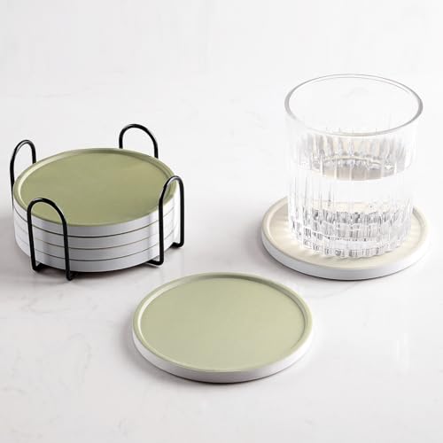 Set of 6 Beige and Green Coasters with Holder, Absorbent Ceramic Drink Coasters with Cork Backing for Table Protection, Table Decor, Housewarming Gifts - color: Green Series