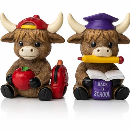 Wesiti 2 Pcs Back to School Highland Cow Figurines Decor | Gnomes Scottish Resin Statue, Calf Lovers Gifts, for Farmhouse Home Garden Kitchen Office, Table Shelf Tiered Tray Decor - style: Back to School