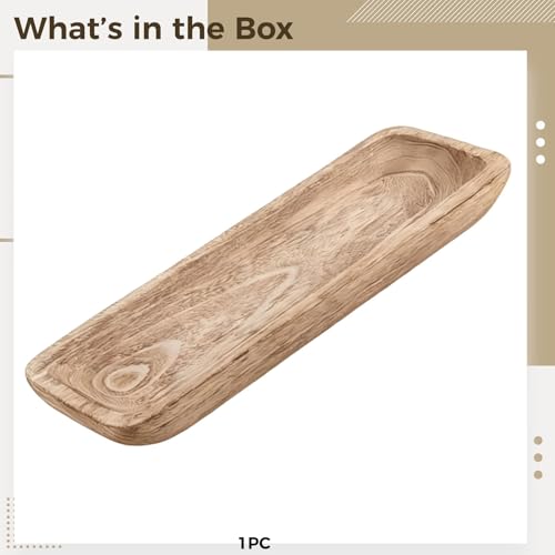 Wooden Dough Bowl 16.5 in Centerpiece, Rustic Style Table Decor, Hand Carved Catchall Tray, Long Decorative Wood, for Candles and Fruit Display