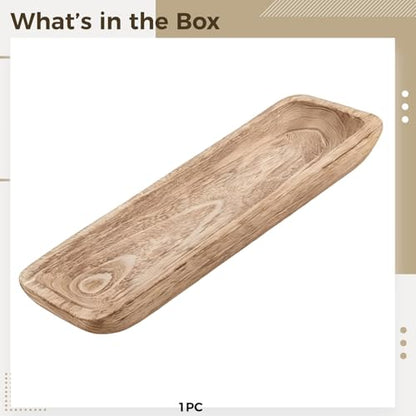 Wooden Dough Bowl 16.5 in Centerpiece, Rustic Style Table Decor, Hand Carved Catchall Tray, Long Decorative Wood, for Candles and Fruit Display