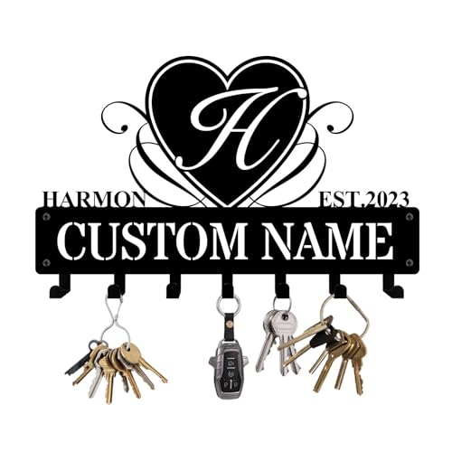 NIWAHO Personalized Heart Initial and Name Metal Key Holder Wall Mount – Custom Letter Key Rack with Hooks for Entryway, Kitchen, Bedroom Home Decor Gift - color: Heart