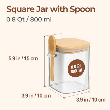 ComSaf Glass Container with Spoon & Lid 0.8 Qt, 4 Pack Glass jar with spoon | Coffee and Sugar Container Set, Coffee Bar, Salt Jar, Bamboo Lid with Silicone Seal, 27oz Canister, Spice,Seasoning, BPA Free - size: 0.8Qt*4