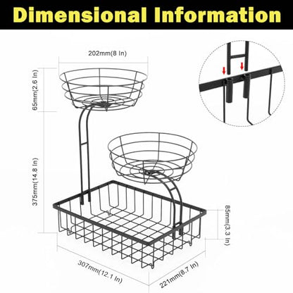 3 Tier Countertop Fruit Vegetable Basket Bowl Storage, Solid Metal Kitchen Counter Organizer for Storing Fruits, Veggies, Bread, Snacks (Black)