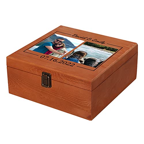 Personalized Memory Box with Photo & Text Custom Wooden Keepsake Box with Lids Wood Storage Box Customized Picture, Gifts for Wedding Anniversary Birthday Graduation Memorial Day - color: Custom 2 photos, size: 9" x 9" x 3.9" (L x W x H)