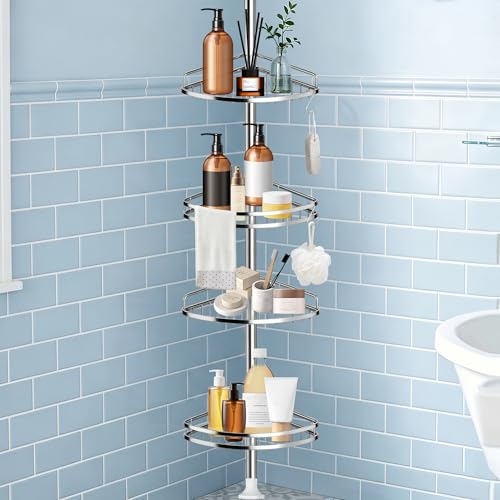 Corner Shower Caddy Tension Pole, 4-Tier SS Bathroom Storage Rack | shower pole caddy corner, 4-Tier Stainless Steel Bathroom Storage Rack, No-Drill Adjustable Shower Shelves for RV doom studio