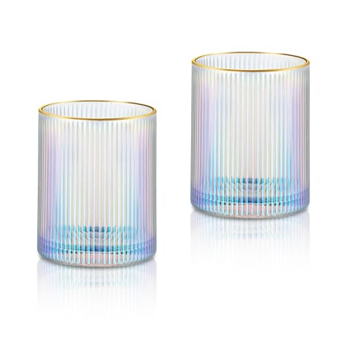 Joeyan Iridescent Gold Rim Ribbed Drinking Glasses Set of 2, 12oz Hand Blown Tumbler Glass Cup, Vintage Rocks Glasses for Water, Whiskey, Cocktails, Iced Coffee, Juice, Mixed Drinks, Kitchen & Bar Use - color: Iridescent tumbler glasses