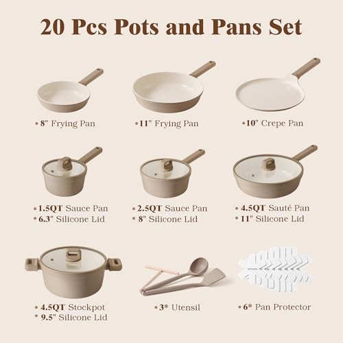 SENSARTE Ceramic Pots and Pans Set Nonstick, 20Pcs Cookware Set, Taupe | Non Stick Ceramic Coating, Non-toxic Healthy Kitchen Cooking Set, Induction Compatible, Dishwasher Safe, PFAS/PTFE/PFOA Free - color: Misty Taupe