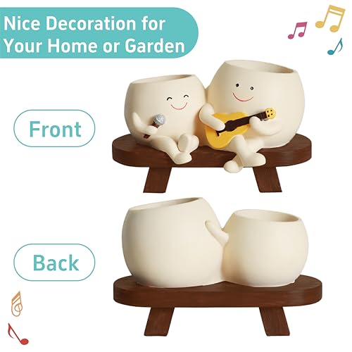 Smiley Face Planter Pot,Unique Double Head Guitar Singing Planter | with Drainage Hole Resin Cute Plant Pot,for Indoor Outdoor Plants