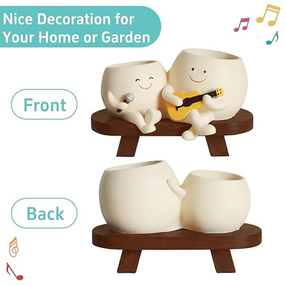 Smiley Face Planter Pot,Unique Double Head Guitar Singing Planter | with Drainage Hole Resin Cute Plant Pot,for Indoor Outdoor Plants