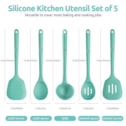 U-Taste 600℉ Heat Resistant BPA Free Non Stick Firm Cooking Tongs (Set of 2), and 600℉ Heat Proof BPA-Free Solid/Slotted Sturdy Cooking Utensil for Non Stick Cookware (Set of 5), Aqua Sky