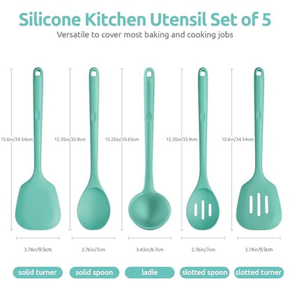 U-Taste 600℉ Heat Resistant BPA Free Non Stick Firm Cooking Tongs (Set of 2), and 600℉ Heat Proof BPA-Free Solid/Slotted Sturdy Cooking Utensil for Non Stick Cookware (Set of 5), Aqua Sky