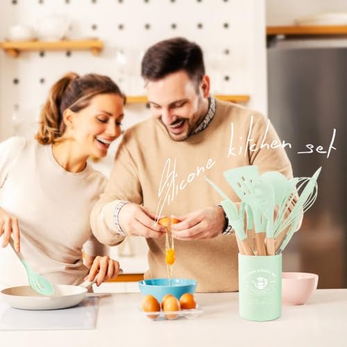 Kitchen Utensils Set Silicone Kitchen Utensils Set with Wooden Handle Utensils for Cooking Heat Resistant Silicone Non-Stick Cookware BPA FREE (Green) - color: Green