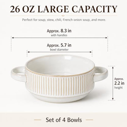 French Onion Soup Bowls with Handles, 26 oz Oven Safe Ceramic Soup Crocks Set of 4, Large Soup Bowls for Chili, Beef Stew, Gumbo, Microwave & Dishwasher Safe