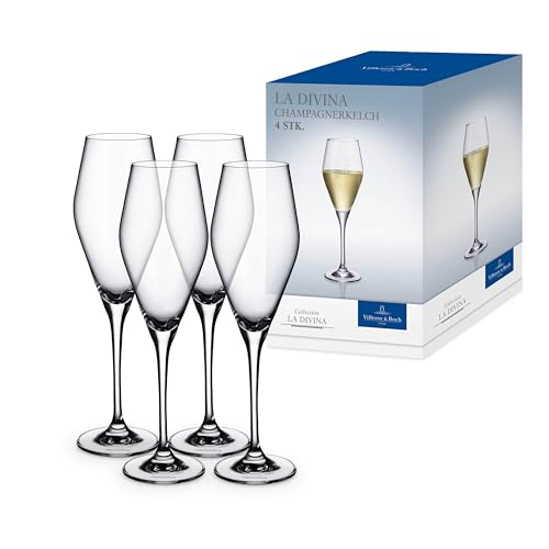 Villeroy & Boch La Divina Collection Champagne Flute, 4 oz Capacity, Set of 4 Crystal Glass, Made in Europe | Crystal glass champagne flutes, made in Europe, dishwasher safe, finely curved for champagne or sparkling Prosecco - style: Champagne Flute