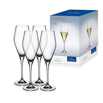 Villeroy & Boch La Divina Collection Champagne Flute, 4 oz Capacity, Set of 4 Crystal Glass, Made in Europe | Crystal glass champagne flutes, made in Europe, dishwasher safe, finely curved for champagne or sparkling Prosecco - style: Champagne Flute
